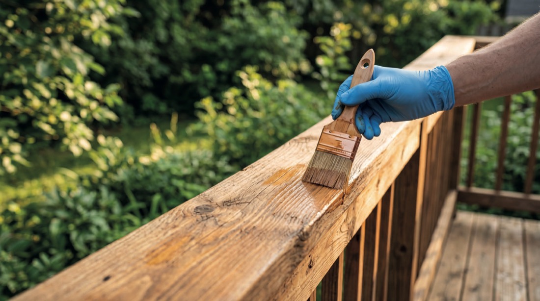 Application d'une lasure au pinceau sur la main courante d'une terrasse en bois